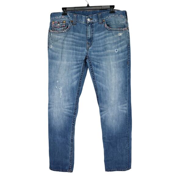 True Religion Jeans Mens 40 x 34 Waist Blue Denim Skinny Flap Pockets Distressed - Picture 1 of 16